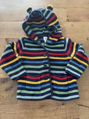 GAP Striped Hooded cotton Knit Cardigan Multicolor rainbow bear ears size 12-18